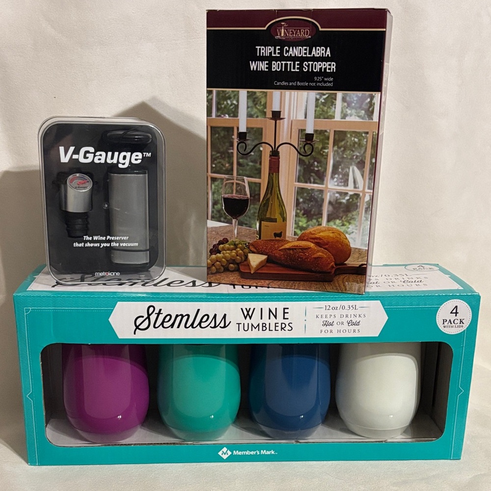Stemless Wine Tumblers and Wine Accessories Set. Bottle-abra. V Gauge